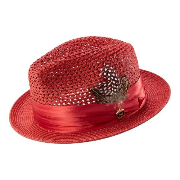 MONTIQUE MEN'S CRIMSON COLOR PINCH BRAIDED FEDORA WITH MATCHING SATIN RIBBON H34 - Picture 1 of 1